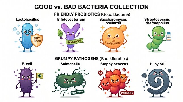 Good vs bad bacteria collection infographic with scientific names, cute probiotics and grumpy pathogens character set educational vector illustration