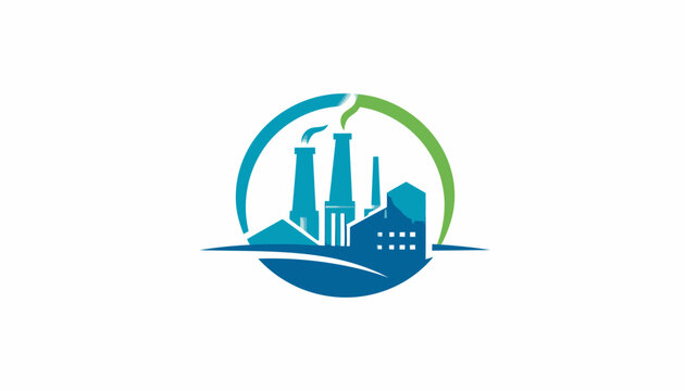 Green and blue factory icon in circular frame.