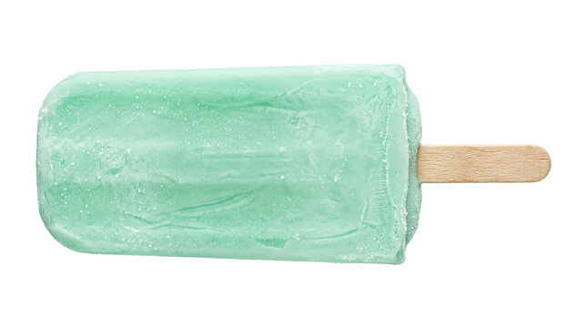 Fresh mint ice cream bar on wooden stick lying flat isolated on transparent background png delicious frozen snack.