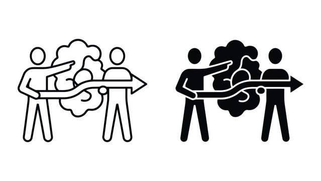 Team solving problem strategy flowchart icon set with strategy, solution