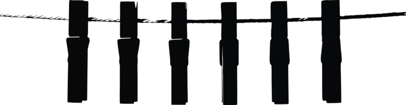 Set of Clothespin Icons Attached to a Clothesline Representing Laundry, Household Chores, Cleaning, and Daily Routine Vector Graphic Design Elements