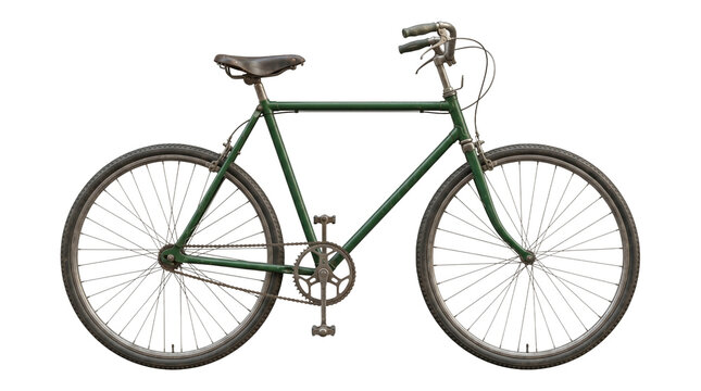 Vintage green commuter bicycle with metallic frame and leather seat isolated on transparent background png asset.