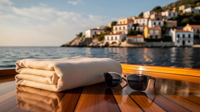 Summer sunglasses and towel on boat deck with scenic coastal town and calm sea background at sunset
