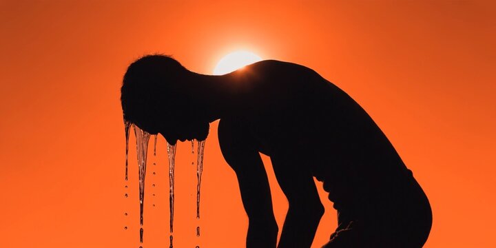 Exhausted person bending forward in extreme heat, dehydration and heat stress awareness concept