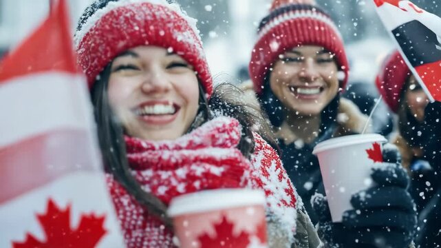 Two joyful young women laughing in falling snow wearing red winter hats and scarves while holding warm cups beside a Canadian maple leaf flag
