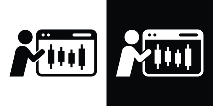 Minimalist vector icon showing a person analyzing stock market candlestick charts on a web browser screen, in black and white styles.