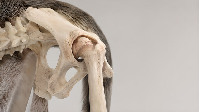 Cat hip joint hip dysplasia veterinary 3D render showing realistic feline pelvis anatomy, shallow socket and femoral head subluxation for animal healthcare, orthopedic education, and patient guidance