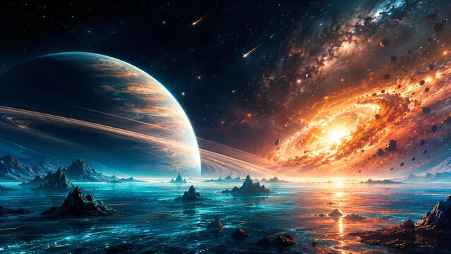 Epic Sci-Fi Landscape Illustration with Giant Planet and Fiery Galaxy in the Sky