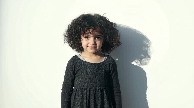 Sweet young girl with curly hair in a grey dress leaning against a bright white wall casting a soft shadow in a minimal childhood portrait