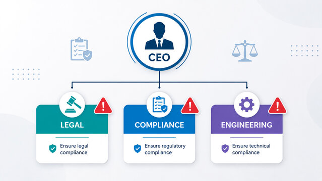 Corporate hierarchy chart showing ceo with legal compliance and engineering departments.