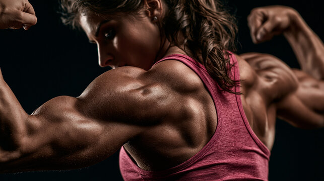 A strong bodybuilder athlete woman show her big arm and back muscle wearing pink sport bra, black background.