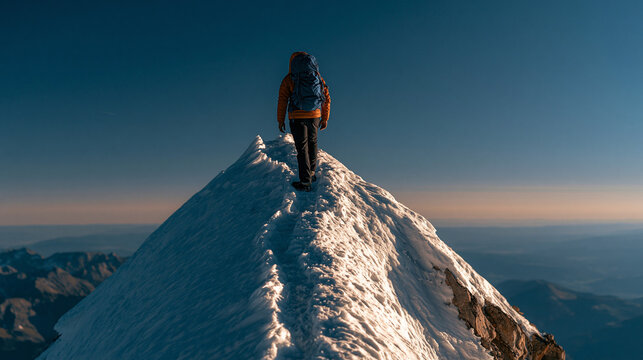 A lonely climber standing on the sharp snow covered ridge of a mountain peak at high altitude