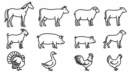 Black and white line art of various farm animals. © brian