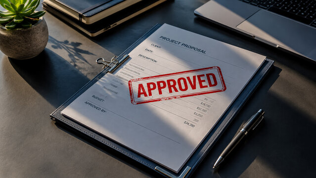 Approved project proposal document with red stamp on clipboard at desk workspace.