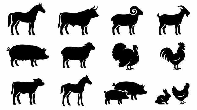 Black Silhouette Collection of Farm Animals and Poultry.