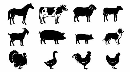 Black and white farm animal silhouette icons set. © brian