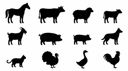 Fototapeta premium Black Silhouette Collection of Farm and Domestic Animals.