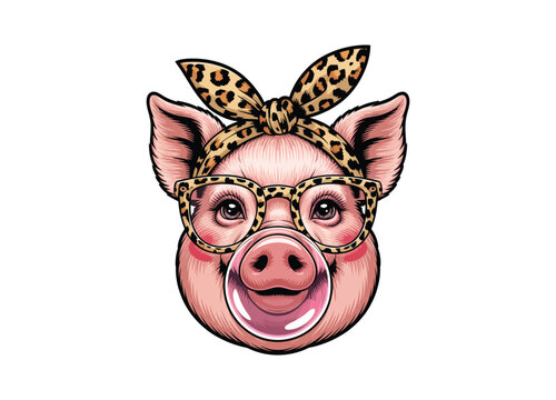 Pig with glasses and bubblegum detailed vector illustration on transparent background animal.