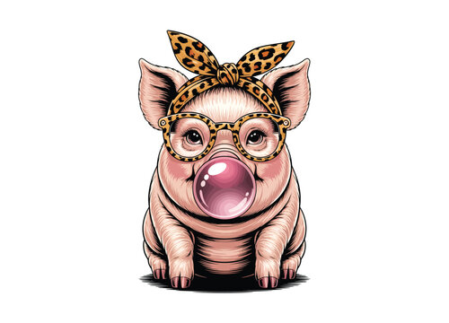 Pig with glasses and bubblegum detailed vector illustration on transparent background animal.