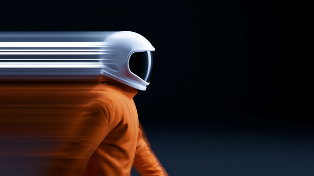 Dynamic Motion Blur of a Person in a Race Helmet and Orange Jumpsuit, Emphasizing Speed and Future Technology on a Dark Background