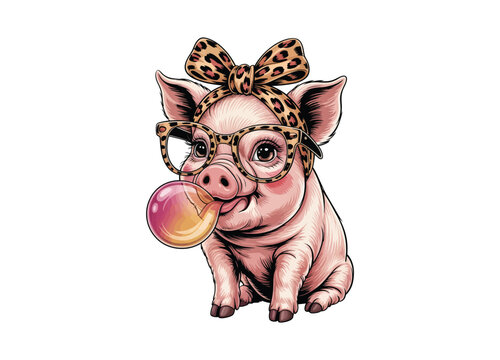 Pig with glasses and bubblegum detailed vector illustration on transparent background animal.