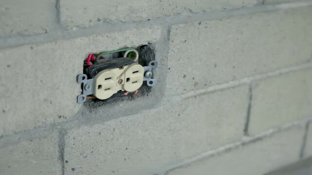 Close-up of a NEMA 5-15R Duplex Electrical Receptacle with Exposed Wiring in a Concrete Block Wall, Video Recorded in 4K at 60fps