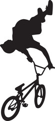 Obraz premium BMX freestyle rider performing aerial stunt silhouette vector illustration isolated on white background, extreme cycling sports action and adventure