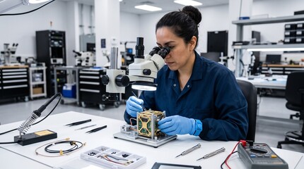 Fototapeta premium Female Engineer Working on Satellite Components Under Microscope