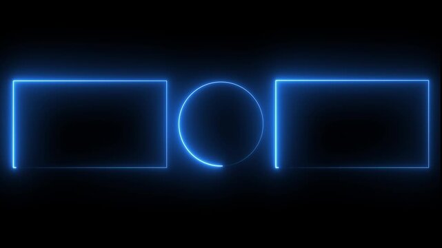 Abstract glowing geometric rectangle and circle frame. Animation of rectangle glowing blue neon on black background. neon geometric frame glowing animation. 4k animation video...