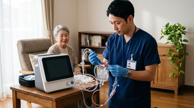 Male nurse preparing medical equipment for senior woman at home