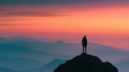 Obraz premium Journey investment holiday planning economic sustainability concept focus on future travel goals copy space surreal Silhouette scenic mountain viewpoint backdrop.