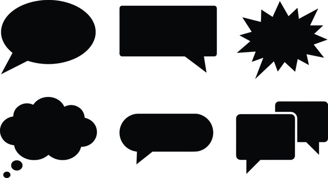 Speech Bubble Silhouette Icon Set with Chat Cloud, Starburst Scream Box, Comic Thinking Bubbles, and Message Dialog Graphic Elements