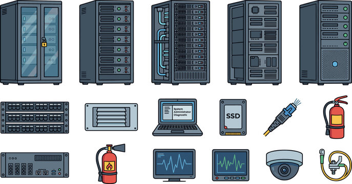 Data Center Server Rack Vector Set with Closed Cabinets Mainframe Towers Laptop Diagnostic Console SSD Hardware Fire Extinguisher and Security Camera Icons