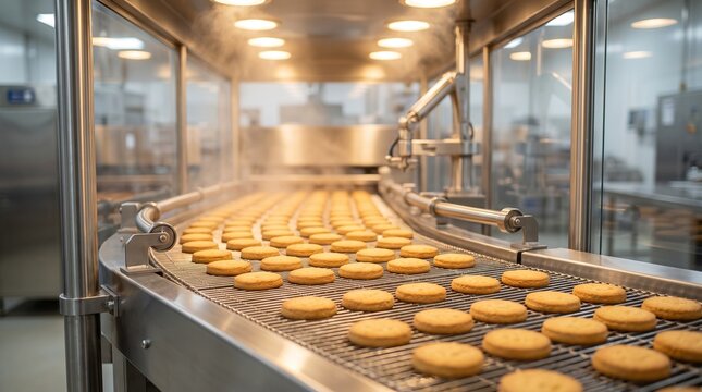 Automated food production line baking cookies in a factory