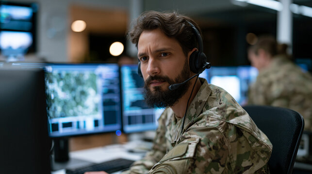 A uniformed military cyber warfare unit operator stationed at a hardened government facility monitors adversarial network intrusion attempts on classified terminal infrastructure while encrypted voi