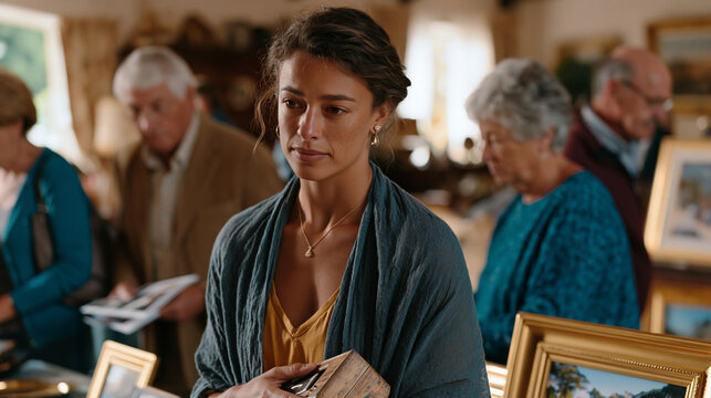 Adult children and their aging parents sorting through furniture and framed photographs at an estate sale, the emotional weight visible as a granddaughter clutches a worn music box while strangers b