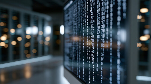 Cascading streams of binary digits scrolling vertically across terminal display in darkened server room environment, faint reflected glow illuminating nearby rack equipment edges, cybersecurity data