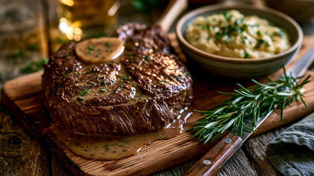 Grilled osso buco steak served with creamy mashed potatoes and fresh rosemary garnish