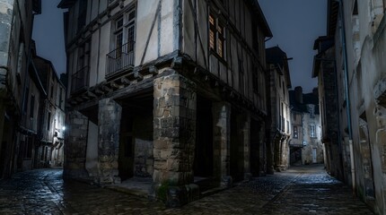 Fototapeta premium Professional documentary of historic medieval half-timbered buildings along a dark cobblestone street at night