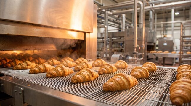 Croissants on a baking production line in an industrial bakery