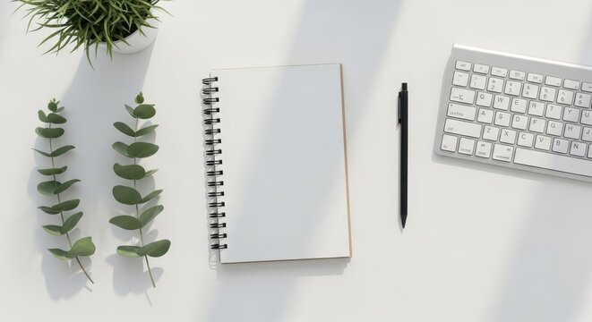 Clean white office workspace flatlay with open spiral notebook, black pen, and keyboard
