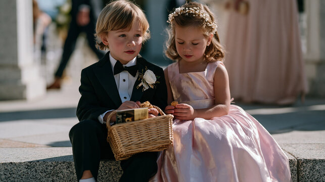 Ring bearer and flower girl sitting on a stone step together mid-ceremony break, sharing a snack from a tiny basket, completely unaware of being observed, natural light, wedding guests blurred passi