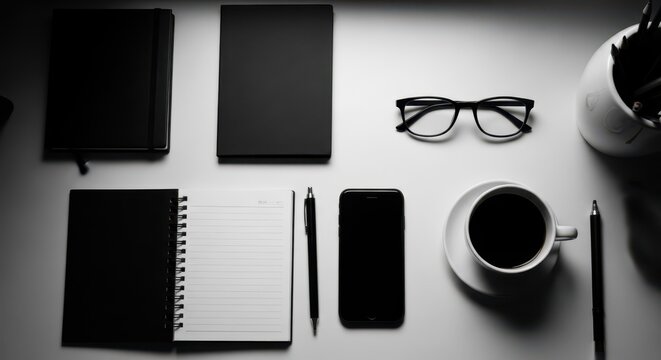 Minimalist workspace flatlay featuring essential items for work and study, arranged neatly on a clean surface.