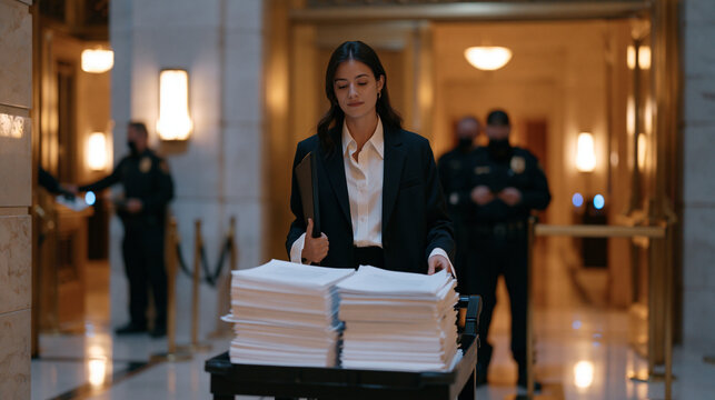 Senior legislative aide rolling document cart stacked with printed bill amendments through capitol corridor at dawn, marble floors reflecting overhead lighting as security officers check credentials