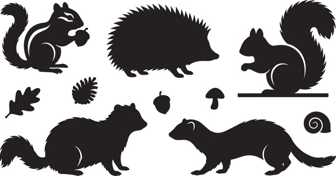 Forest Wildlife Silhouette Icon Set with Squirrel, Hedgehog, Ferret, Chipmunk, Acorn, Pinecone, and Mushroom Vector Graphic Elements