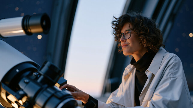 Solitary female astronomer adjusting large observatory telescope mechanism in domed facility interior, twilight sky visible through open aperture slot, science research career dedication .ultra phot