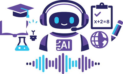 Obraz premium Ai educational bot with headphones lightbulb graduation cap, AI assistant