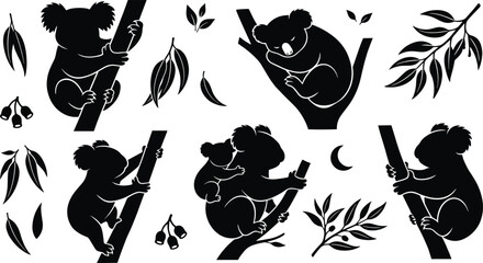 Koala Bear Silhouette Icon Set with Marsupial Climbing, Sleeping, Mother and Joey, Eucalyptus Leaves, and Crescent Moon Elements © MDFiroj