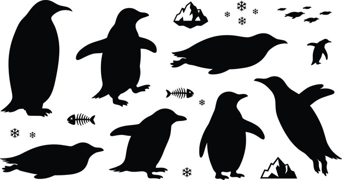 Penguin Silhouette Icon Set with Swimming, Wading, and Standing Antarctic Birds, Icebergs, Snowflakes, and Fishbone Graphic Elements