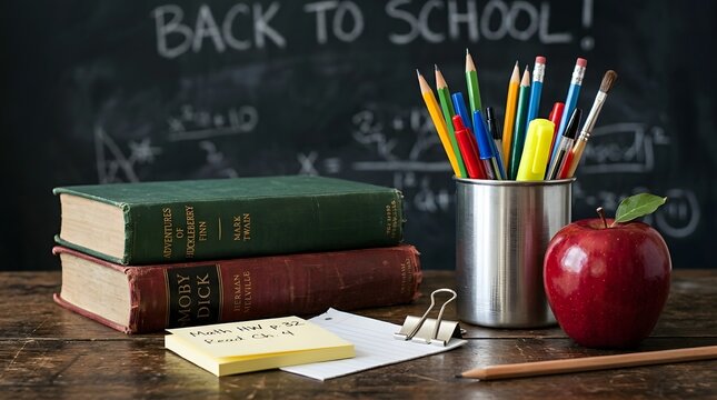 Back to school essentials books pencils and apple on a desk for teacher day